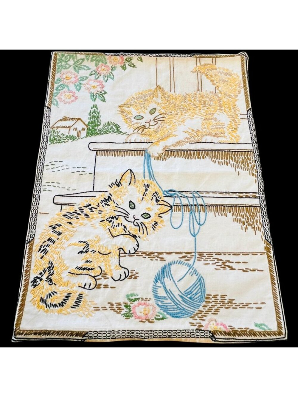 Vintage Hand Embroidered Silk Panel Cats Playing 19 x 14.5 Inches